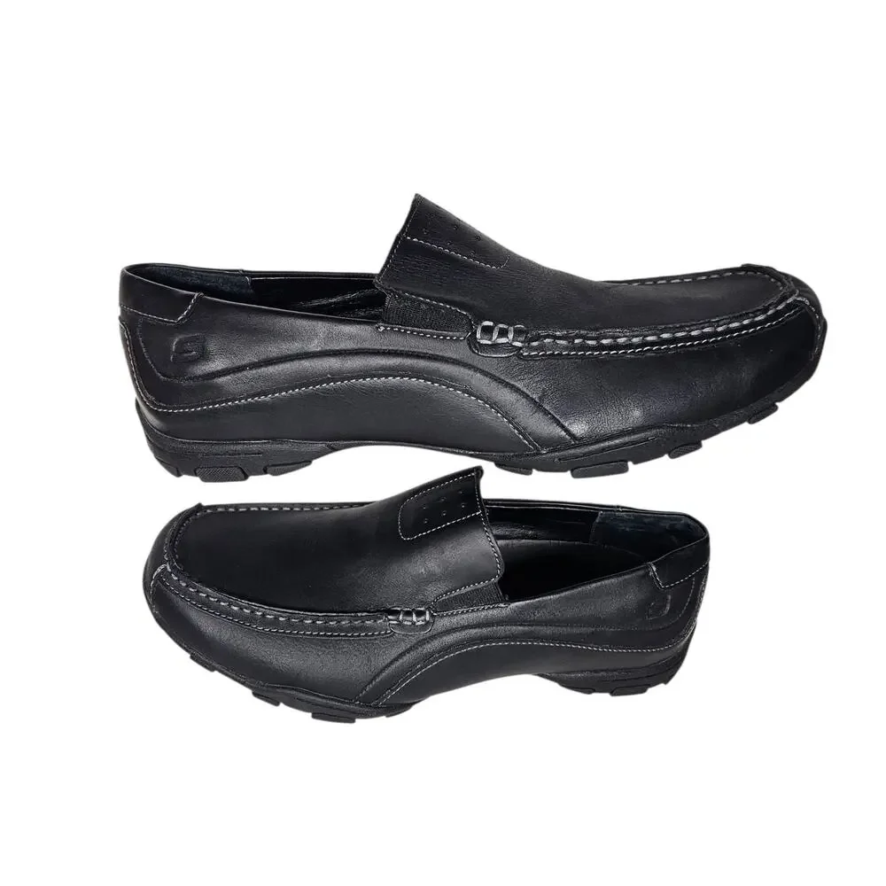 Skechers Men's Black Leather Square Toe Slip-On Comfort Shoes #61190 Size 12